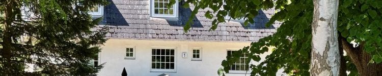 Ein villenartiges weißes Haus mit Säulen am Eingang und schöner Einfahrt, links davon ein Gehweg mit einem großen Baum. Es ist von weiter weg aufgenommen als das erste Foto. Man sieht, dass auch auf der anderen Straßenseite schöne Pflanzen blühen.