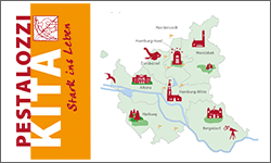 pestalozzi-kita.de: Logo der Pestalozzi-Kitas und "Hamburg-Karte" mit markierten Pins